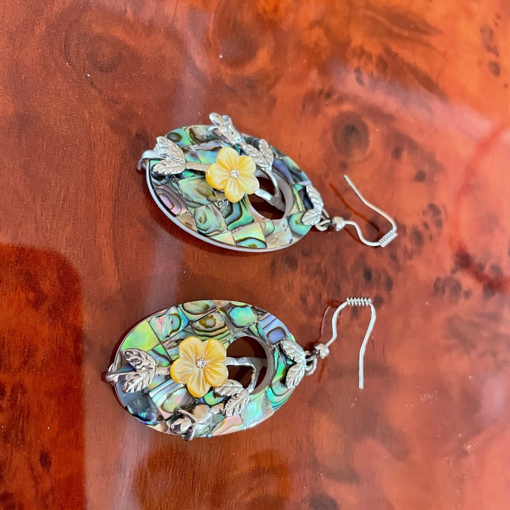 Boho Artisan-crafted mother of pearl and abalone shell French wire earrings